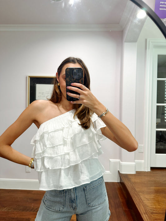 One Shoulder Ruffle Top - White