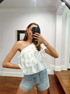 One Shoulder Ruffle Top - White