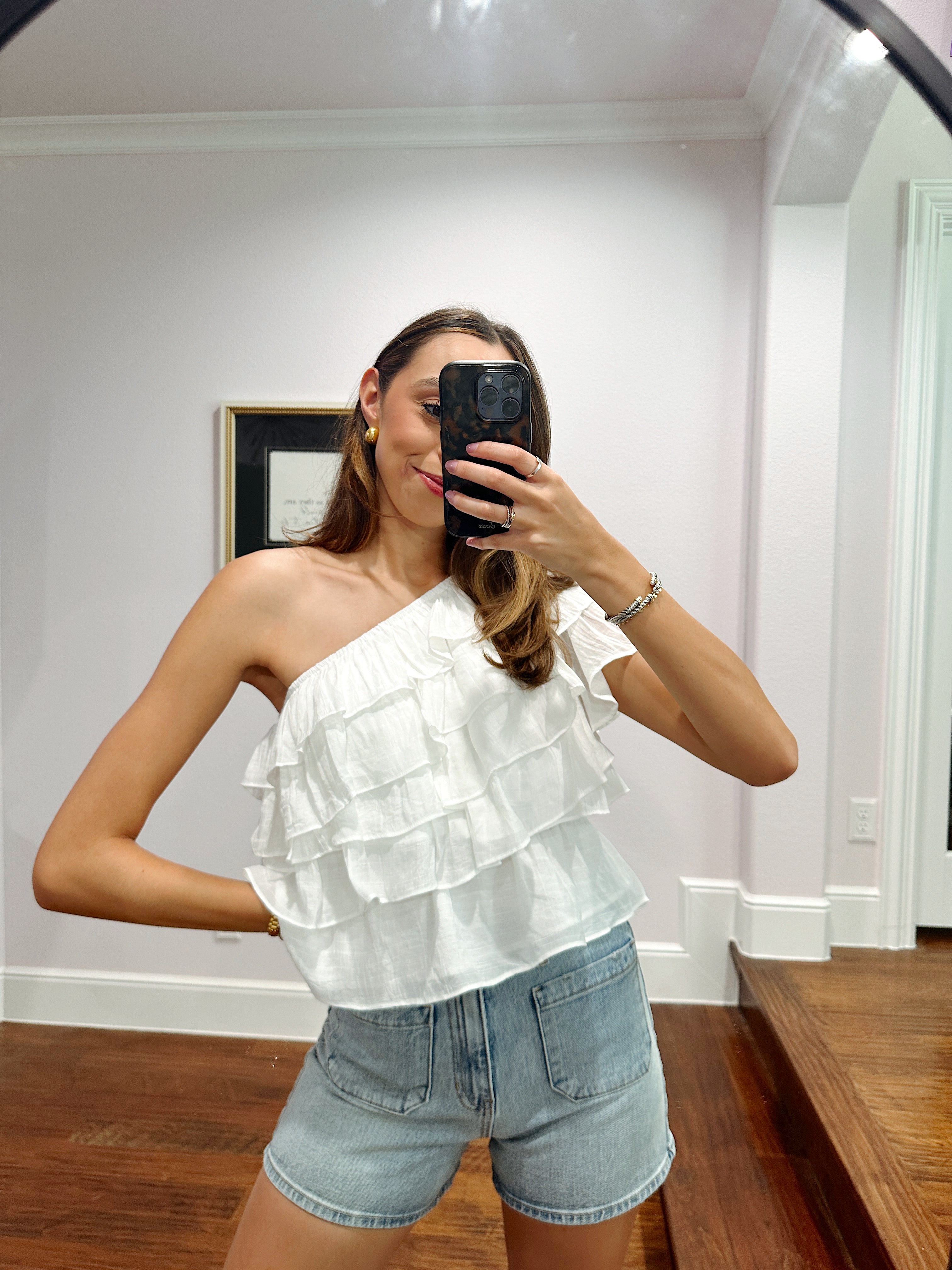 One Shoulder Ruffle Top - White