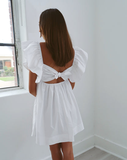 Tie Back Poplin Dress - White