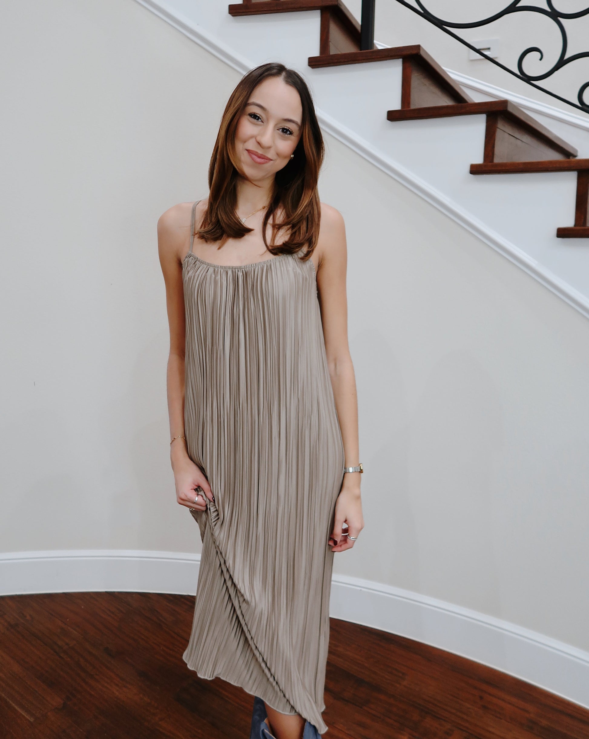 Crinkled Midi Dress - Khaki