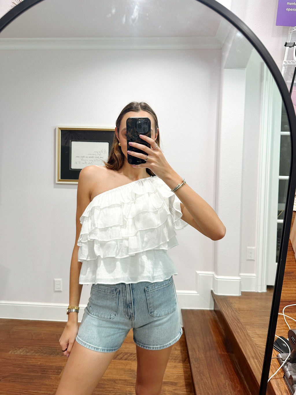 One Shoulder Ruffle Top - White