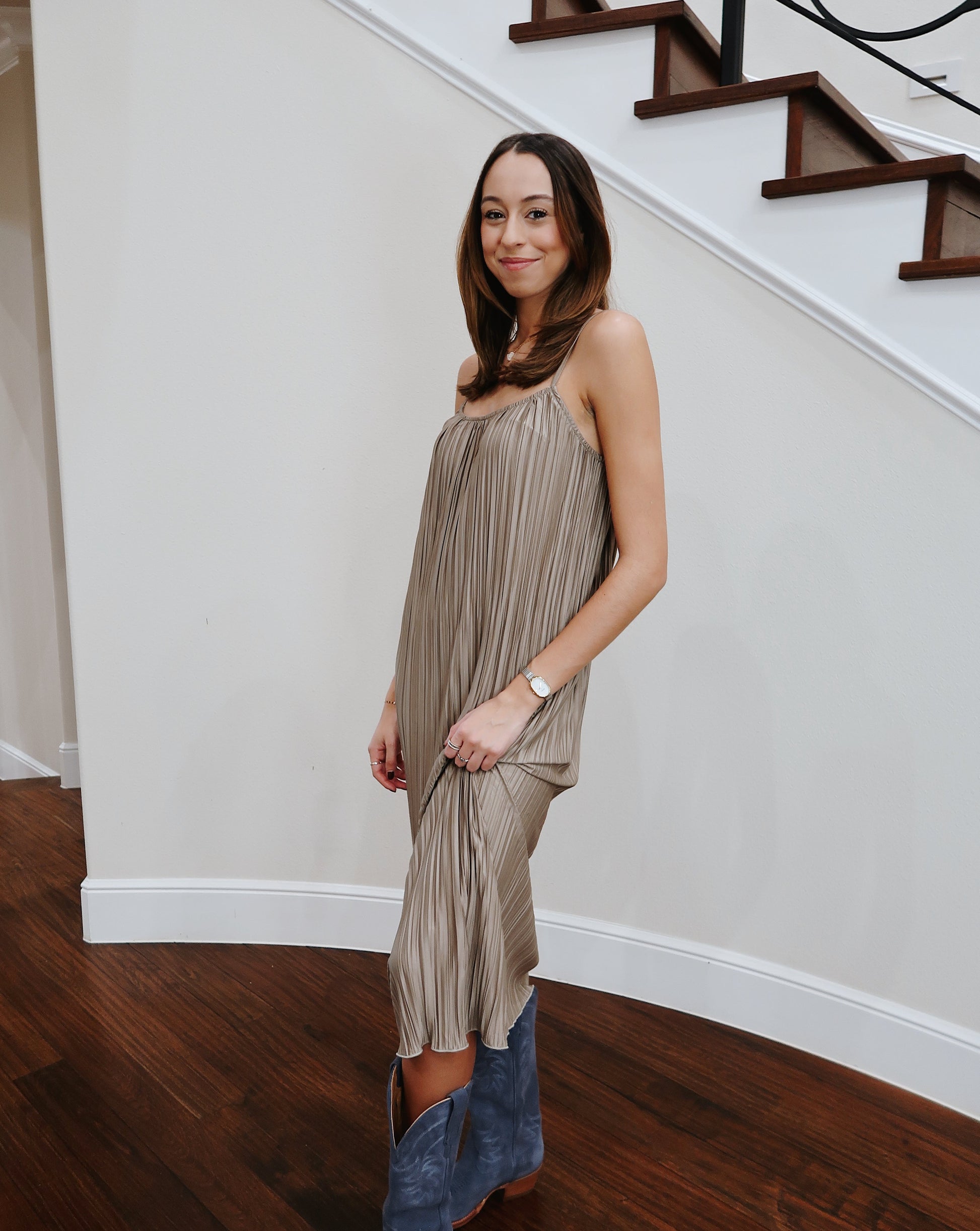 Crinkled Midi Dress - Khaki
