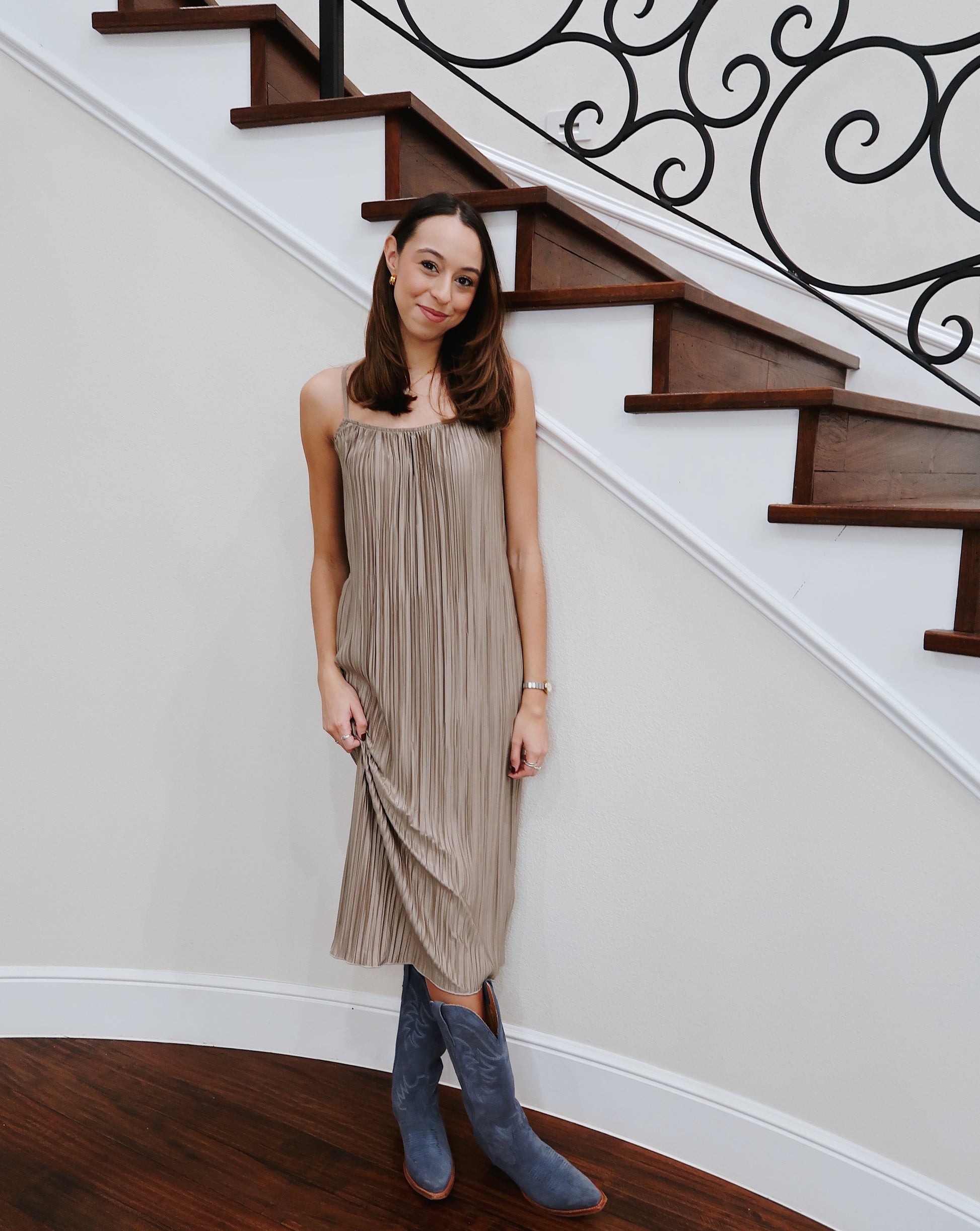 Crinkled Midi Dress - Khaki