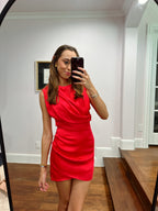Draped Sleeveless Satin Dress - Cherry