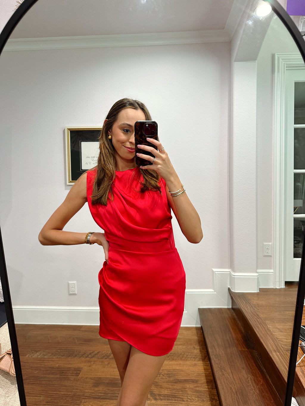 Draped Sleeveless Satin Dress - Cherry