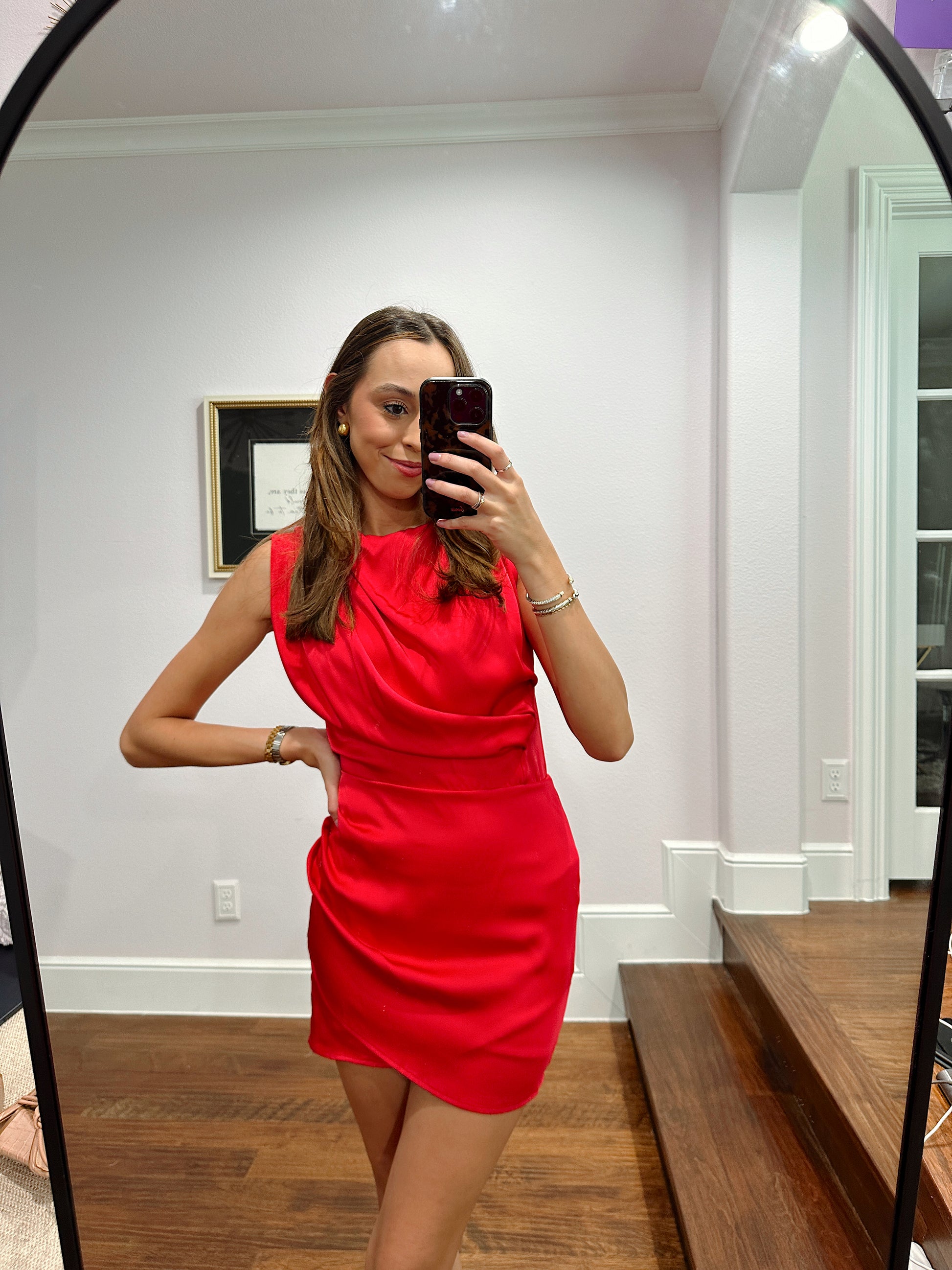 Draped Sleeveless Satin Dress - Cherry
