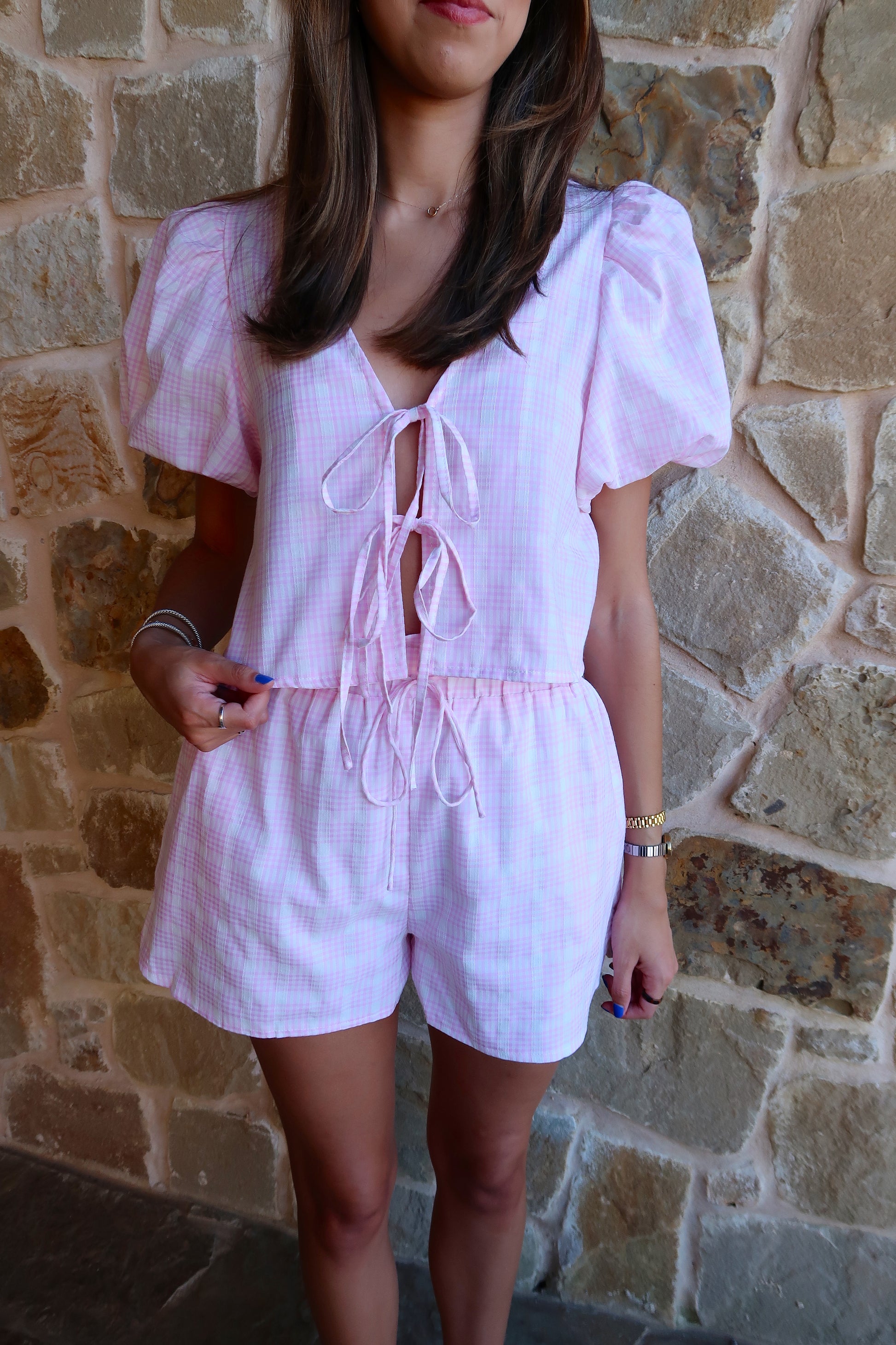 Plaid Bow Set - Pink